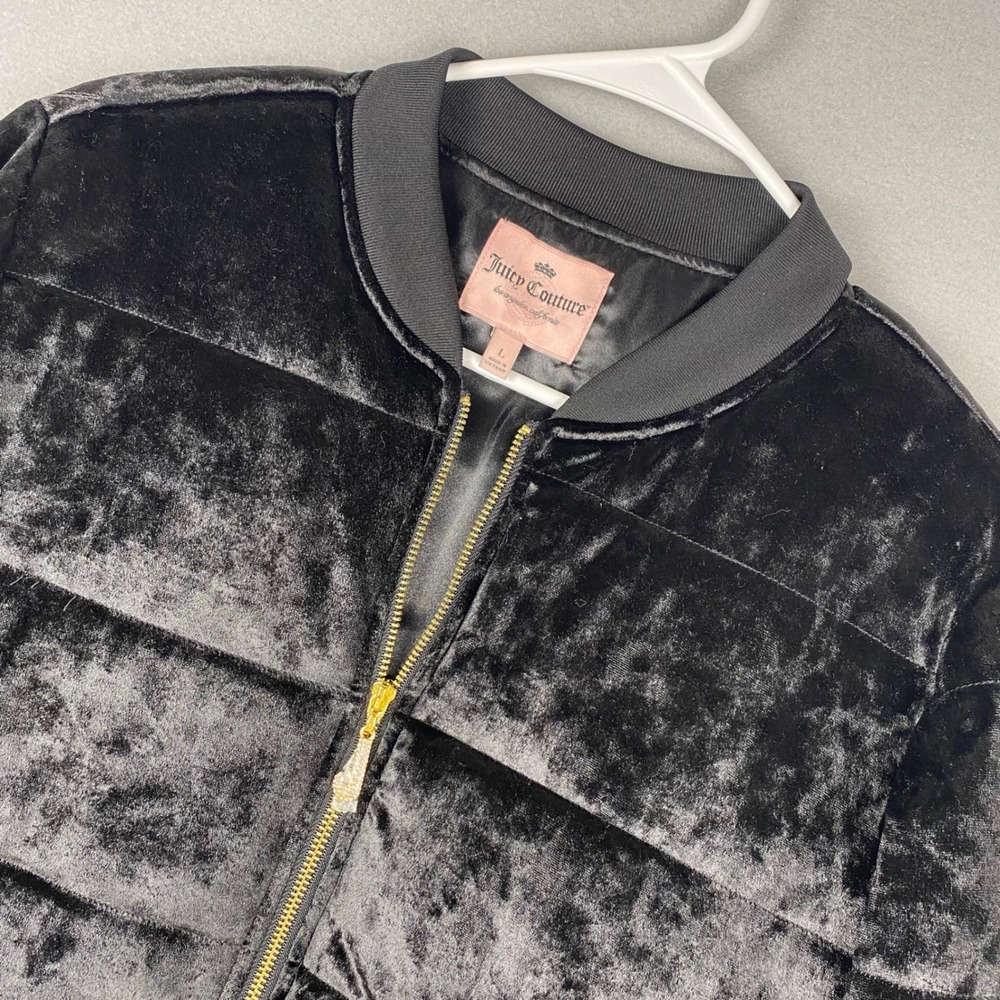 Juicy Couture Black Crushed Velvet Puffer Bomber Jacket Rhinestone J Zip L